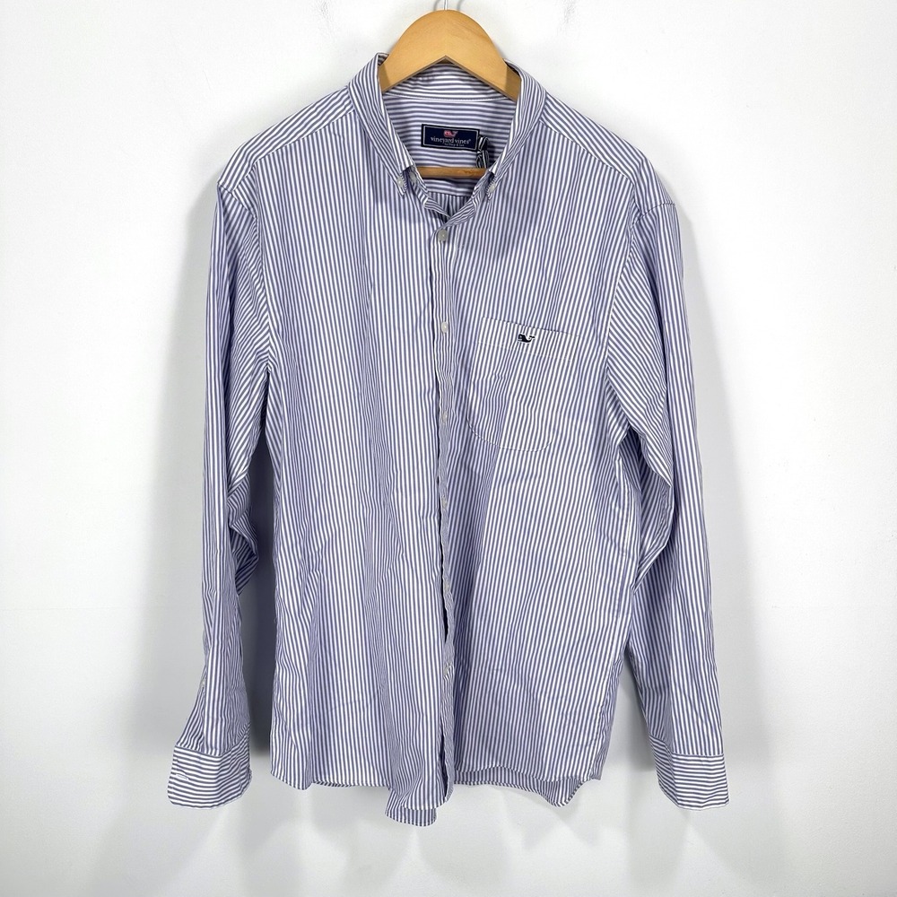 Vineyard Vines Poplin Shirt Men Large Purple Stripe Stretch Classic Preppy